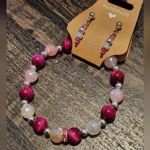Handmade Pink and Silver Beaded Earrings And Bracelet Set
